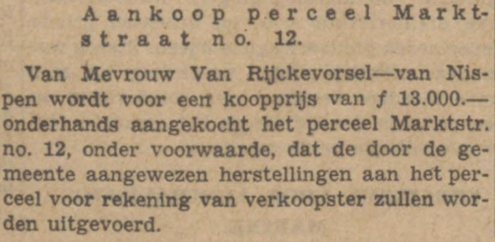 Krantenartikel Aankoop perceel marktstraat no. 12